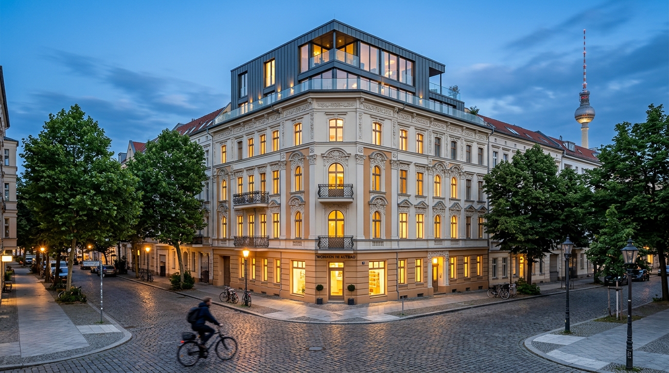 Weitwinkel-Aufnahme eines sanierten Berliner Altbau-Eckhauses bei Abenddämmerung mit Blick auf den Fernsehturm – Premium-Immobilie in Berlin zum Verkauf.