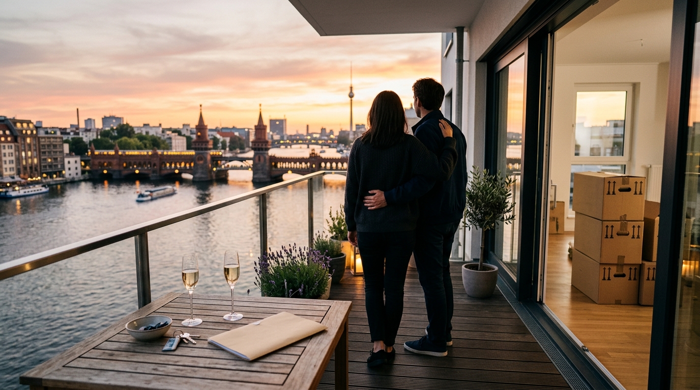 Aussicht von Berliner Balkon bei Sonnenuntergang über die Oberbaumbrücke; zwei Personen von hinten, Gläser und Schlüssel auf dem Tisch – emotionaler Moment nach dem Immobilienverkauf.