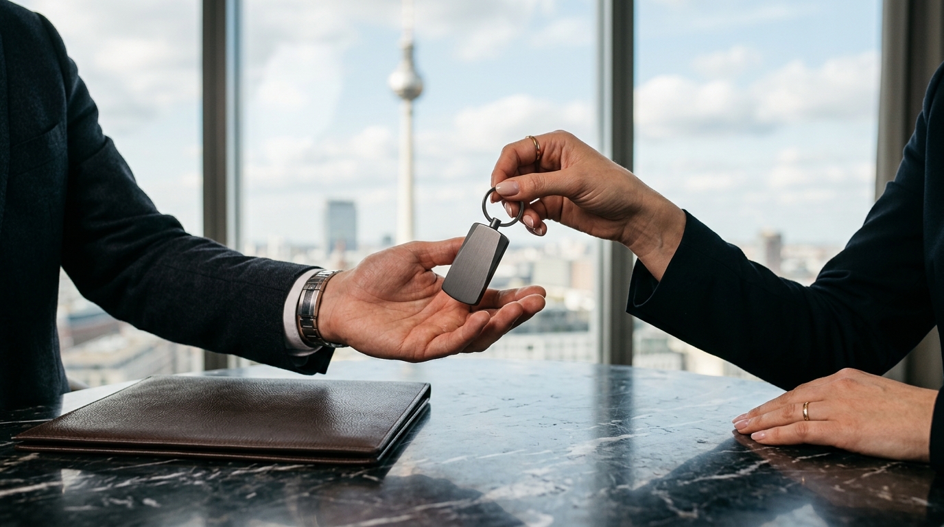 Detailfoto zum Secret Sale: Handschlag bzw. Schlüsselübergabe über dunklem Steintisch, Berlin-Skyline mit Fernsehturm unscharf im Fenster.