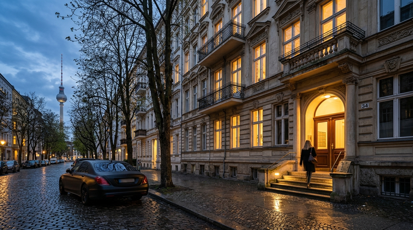 Diskreter Immobilienverkauf Berlin: Weitwinkel eines eleganten Hauseingangs in Charlottenburg bei Abendstimmung, ruhige Straße, Fernsehturm dezent im Hintergrund.