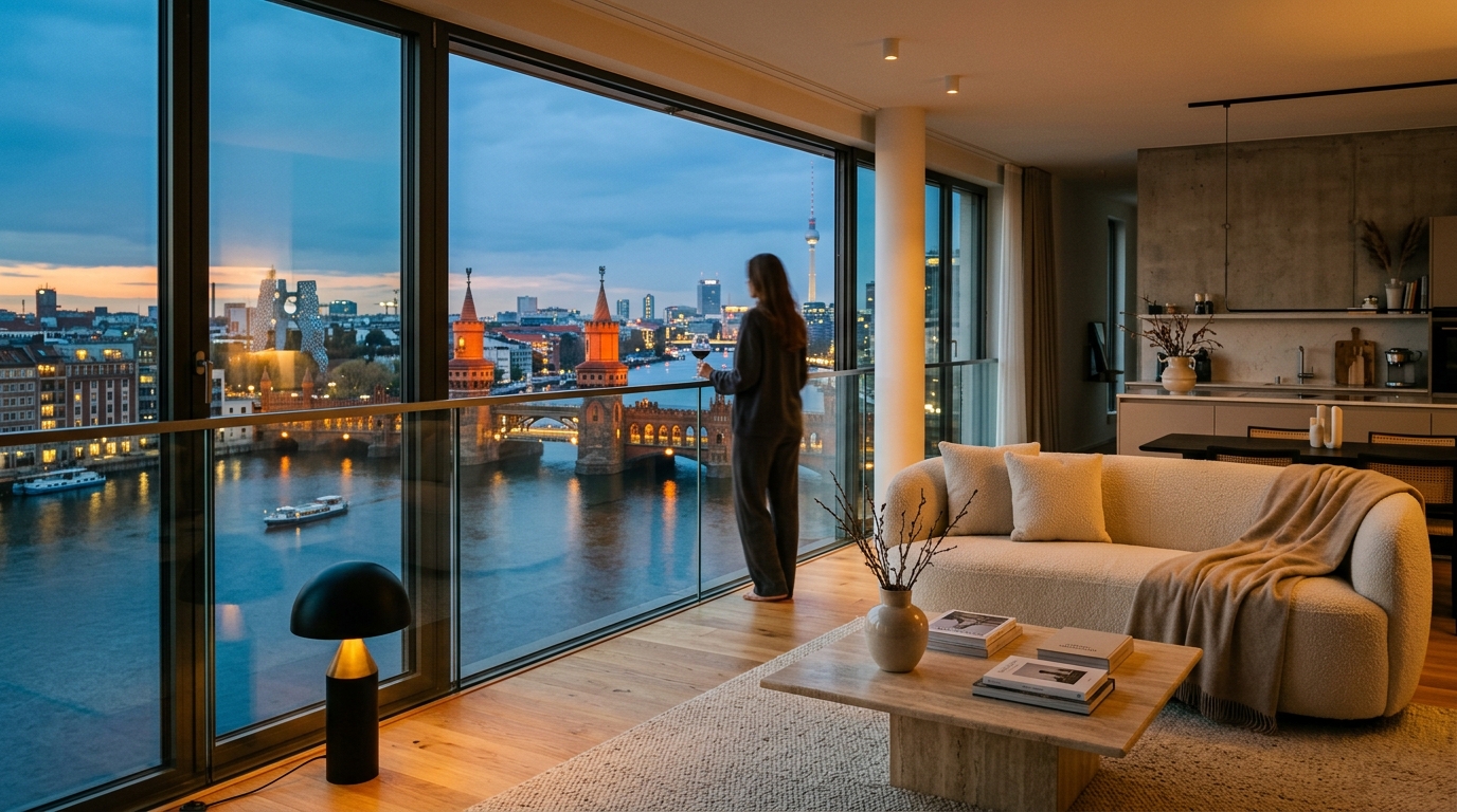 Aspiratives Wohnambiente im Berliner Penthouse: Silhouette am Fenster mit Blick auf Spree und Oberbaumbrücke bei Sonnenuntergang – Privatsphäre und Exklusivität.