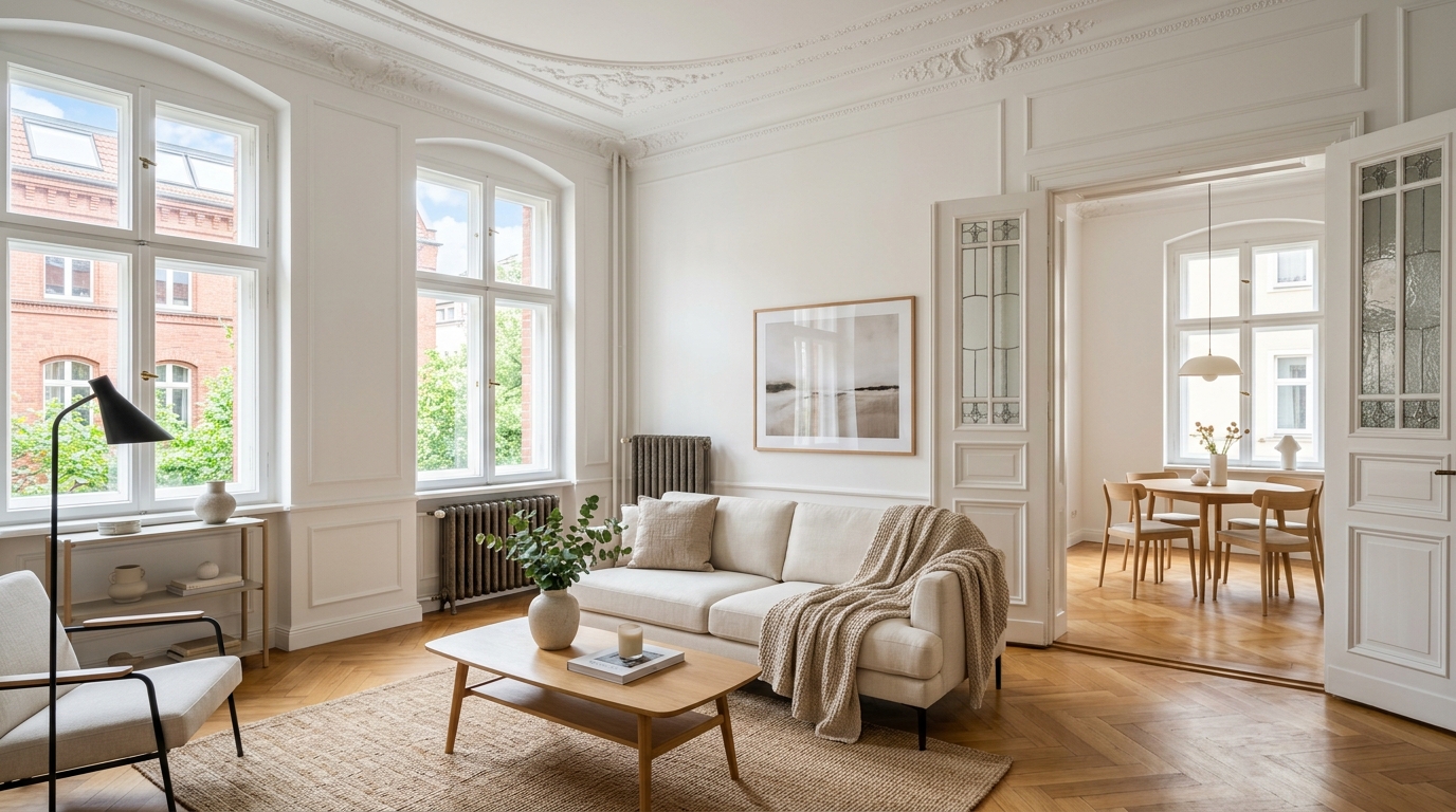 Professionell gestagtes Altbau-Wohnzimmer in Berlin mit Fischgrätparkett und Stuck – Vorbereitung für den Hausverkauf.