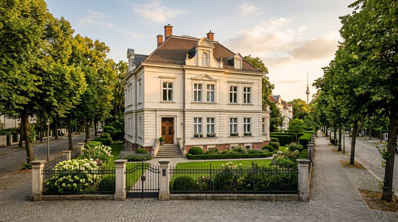 Breite Außenaufnahme einer luxuriösen Berliner Stadtvilla im Abendlicht – Kontext Hausverkauf in Berlin.