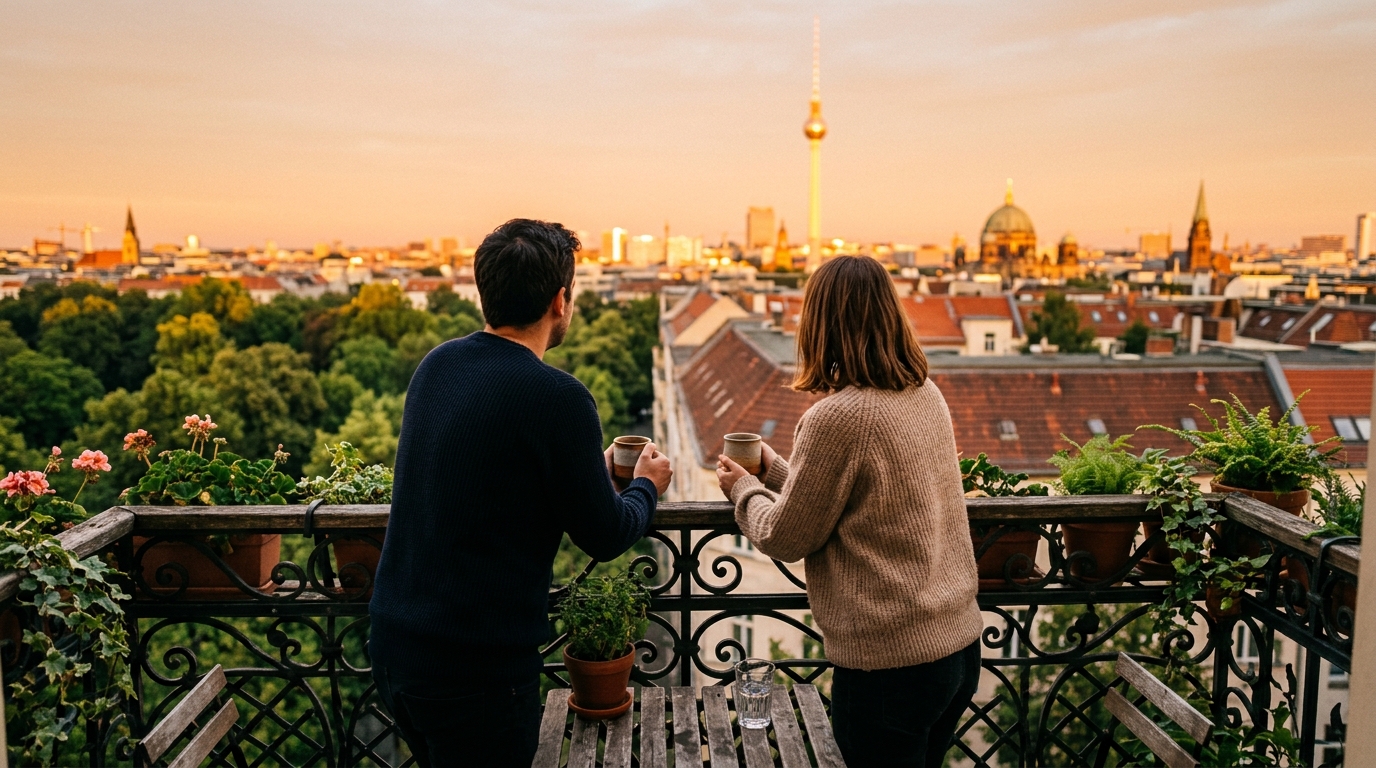 Stimmungsvolle Balkonszene mit Blick auf den Berliner Fernsehturm, Personen von hinten – aspirativer Lifestyle beim Hausverkauf.