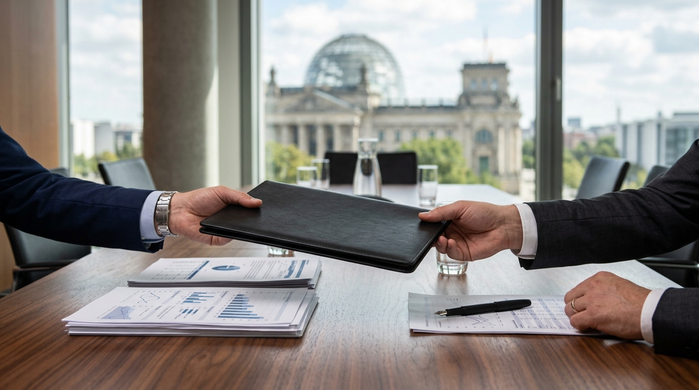 Detail: Hände reichen eine schwarze Mappe und Füller über einem Holztisch; unscharfe Reichstagskuppel im Hintergrund, keine lesbare Schrift.