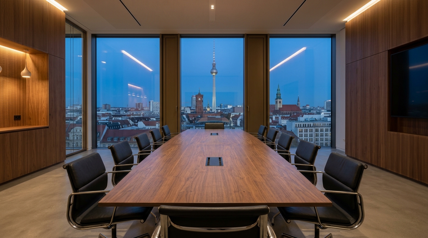 Weitwinkelaufnahme eines leeren Premium-Konferenzraums mit Blick auf den Berliner Fernsehturm – diskretes Setting für Unternehmensverkauf.