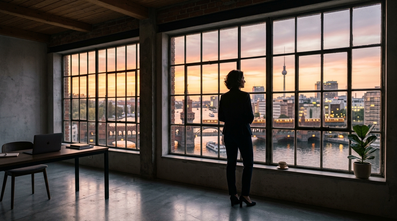 Silhouette eines Unternehmers in einem modernen Loft blickt bei Sonnenuntergang über die Spree auf die Oberbaumbrücke – warme, aspirative Stimmung.