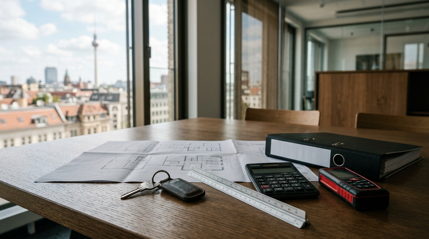 Due-Diligence zur Wertermittlung einer Gewerbeimmobilie: Grundrisse, Schlüssel, Lineal, Rechner und Distanzmesser in Berliner Büro, ohne lesbaren Text.