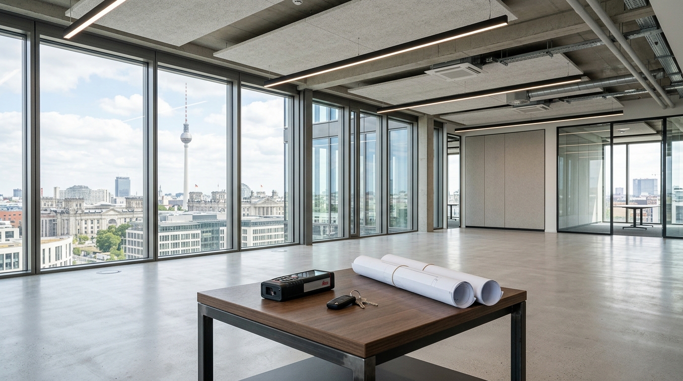 Leere, hochwertige Büroetage mit bodentiefen Fenstern und Blick auf den Berliner Fernsehturm; gerollte Pläne und Laser-Entfernungsmesser auf einem Tisch.