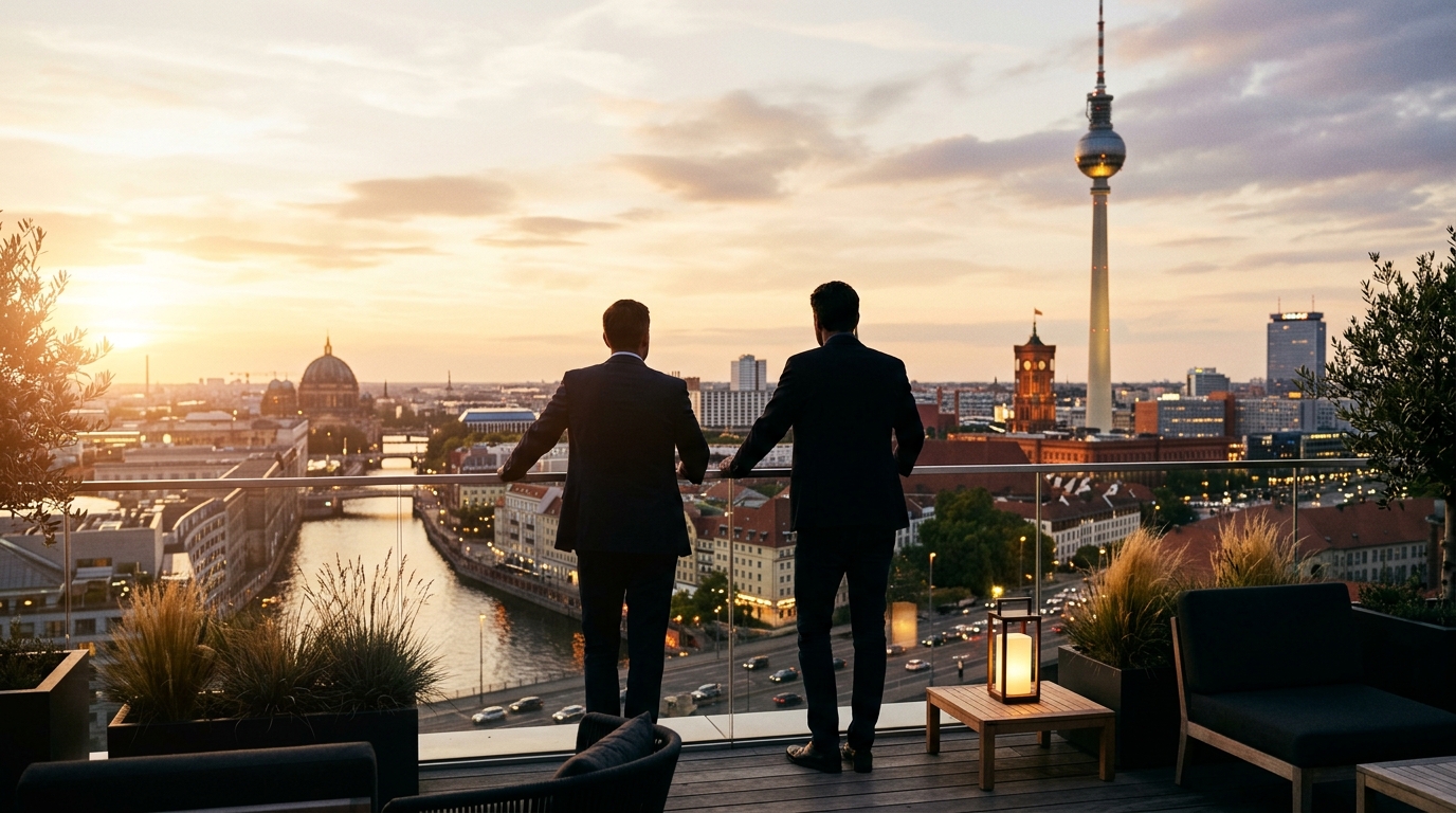 Aspirative Szene zum Gewerbeverkauf in Berlin: zwei Personen von hinten auf Büro-Dachterrasse mit Blick auf den Fernsehturm bei Sonnenuntergang.
