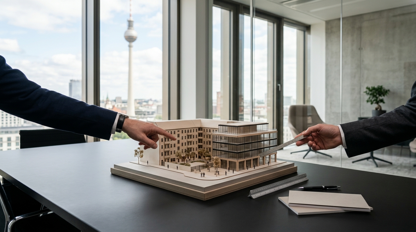Architekturmodell eines Berliner Wohn- und Gewerbeblocks im Investmentbüro, Hände zeigen darauf, Fernsehturm im Fensterrahmen.