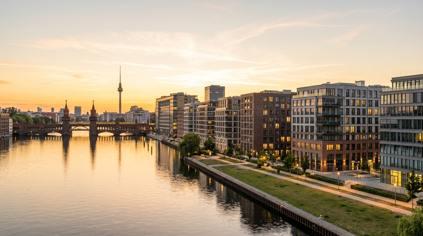 Panorama der Mediaspree in Berlin bei Sonnenuntergang mit Oberbaumbrücke, Fernsehturm und modernen Wohn- und Bürogebäuden.
