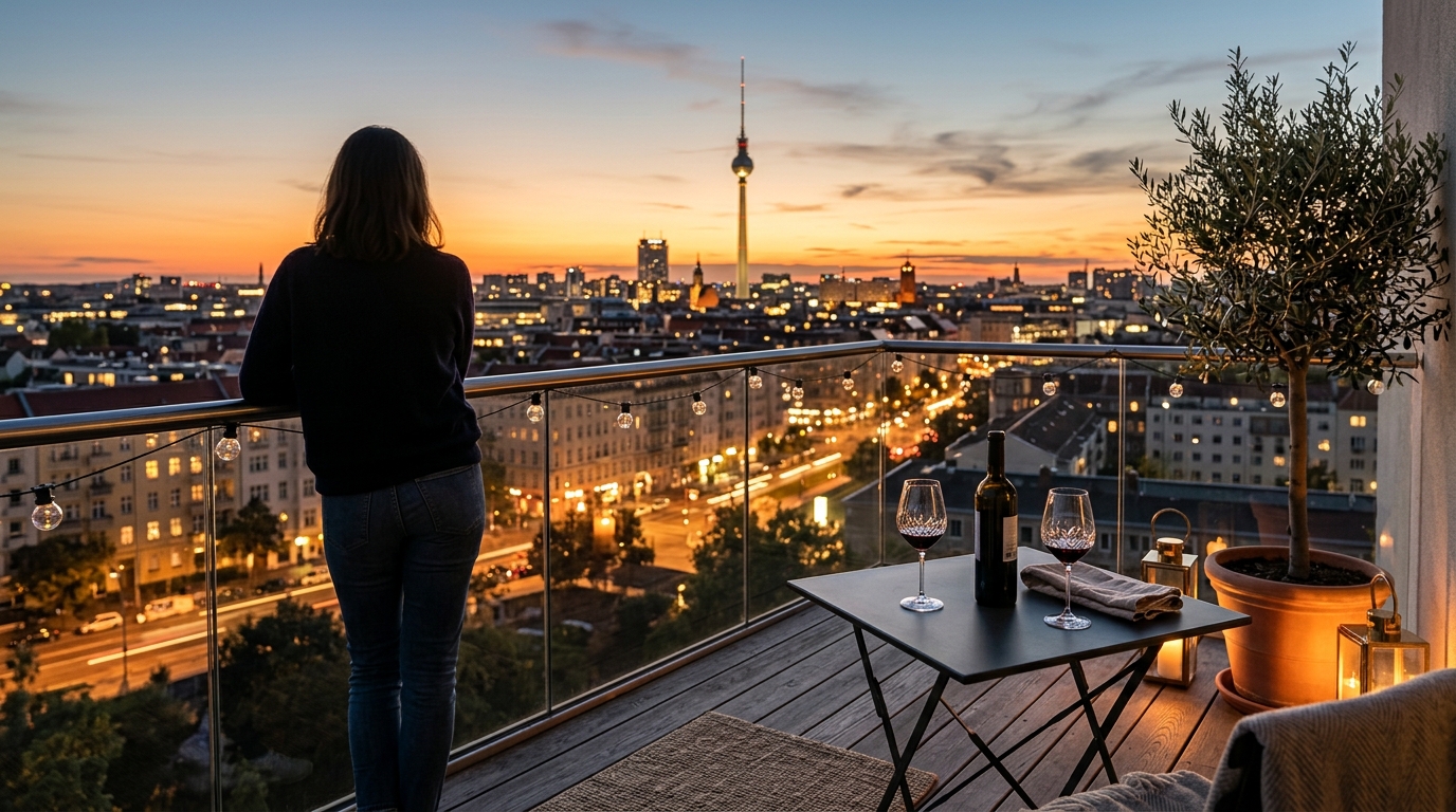 Abendlicher Blick vom Balkon einer Berliner Altbauwohnung auf die Skyline mit Fernsehturm, gedeckter Tisch, Silhouette am Geländer.