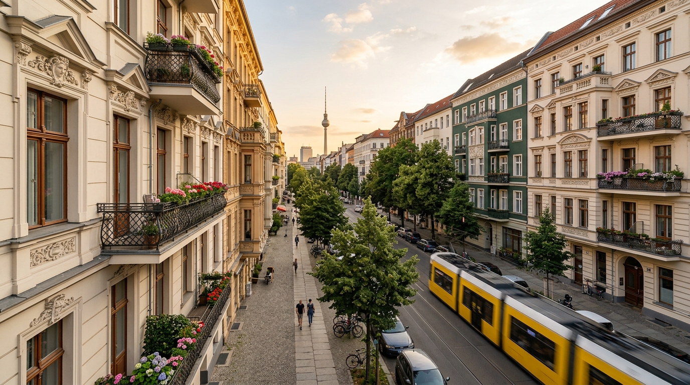 Hochwertige Altbau-Mehrfamilienhäuser in Berlin mit vorbeifahrender Tram und Fernsehturm – Hausverwaltung Berlin.