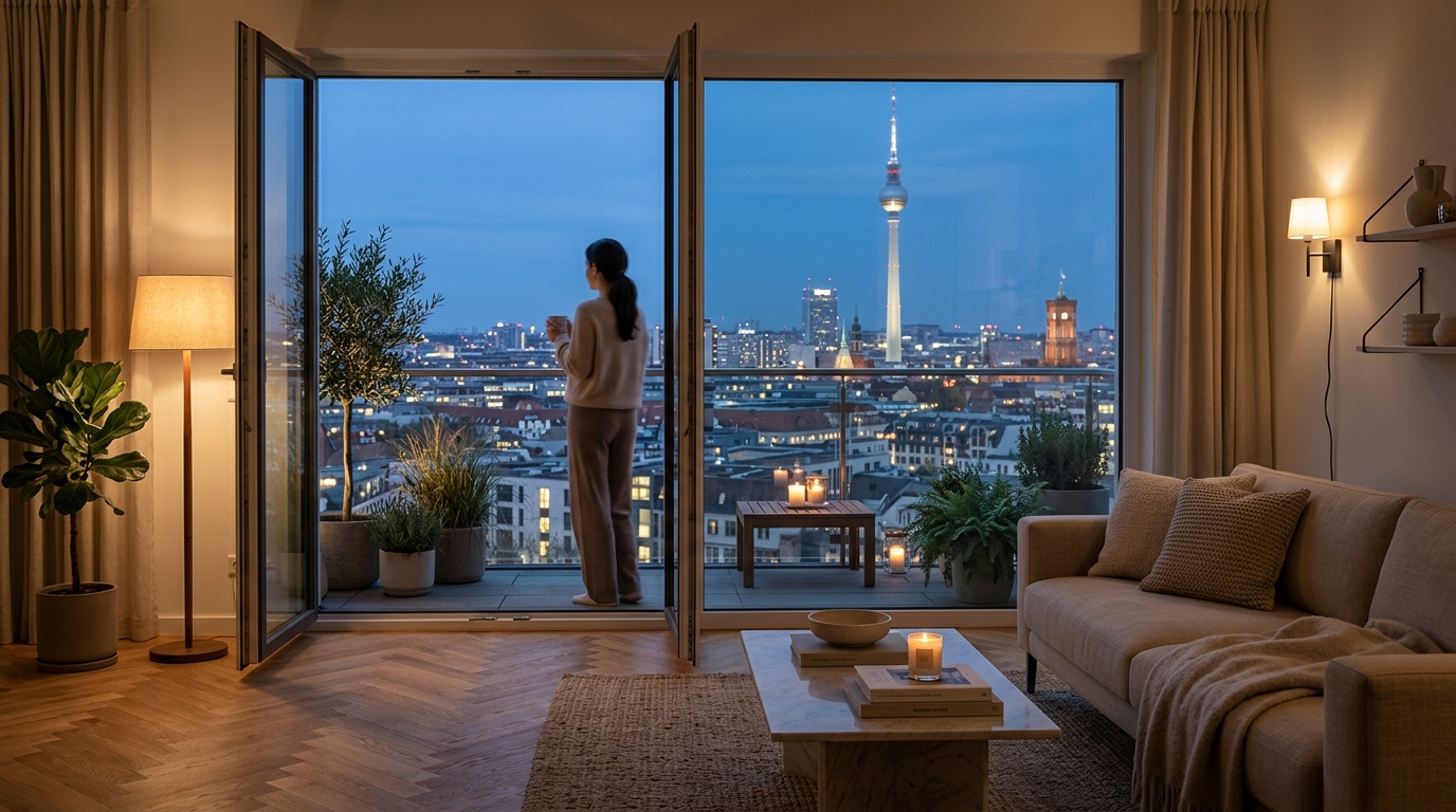 Premium Apartment in Berlin mit Balkonblick auf den Fernsehturm – entspannter Lifestyle dank professioneller Hausverwaltung.