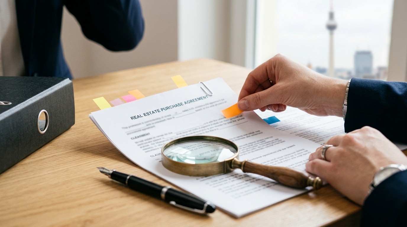 Detailaufnahme markierter Immobilien-Kaufvertragsseiten mit Lupe und Füllfederhalter in Berlin; Text unscharf, Fokus auf Vertragsprüfung.