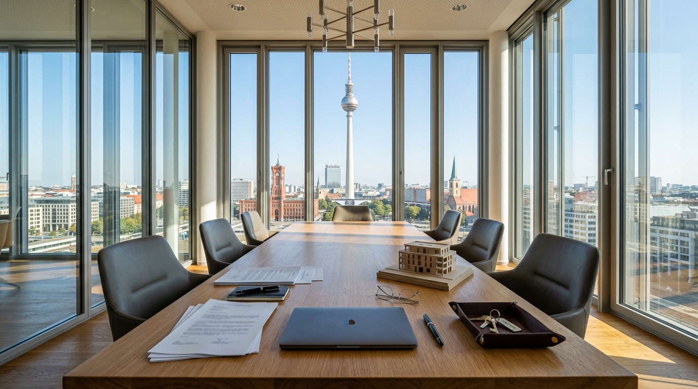 Eleganter Besprechungsraum in Berlin mit Blick auf den Fernsehturm; Kaufvertrag, Stift und Wohnungsschlüssel auf dem Tisch als Symbol für die rechtliche Kaufvertragsprüfung.