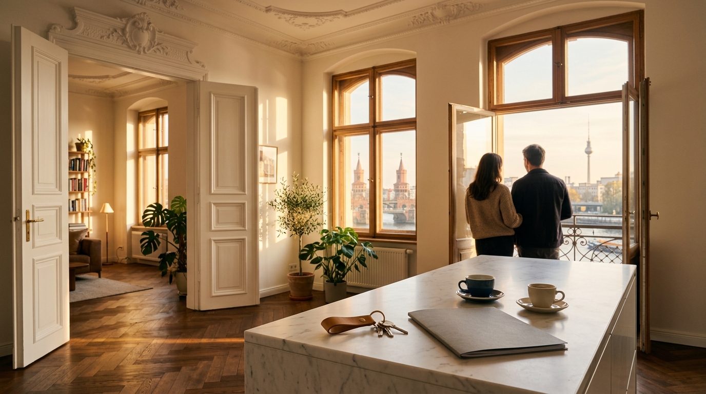 Stimmungsvolle Berliner Altbauwohnung bei Abendlicht; Schlüssel und Vertragsmappe auf dem Tisch, Paar unscharf im Hintergrund.