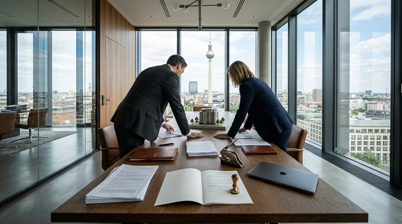 Premium Konferenzraum mit Blick auf den Berliner Fernsehturm, Notarstempel und Immobilienunterlagen auf einem Holztisch.