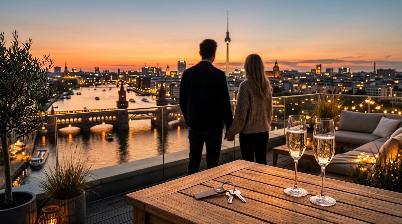 Penthouse-Terrasse mit Blick auf die Spree und Oberbaumbrücke bei Sonnenuntergang, Schlüssel und Gläser im Vordergrund, Paar von hinten.