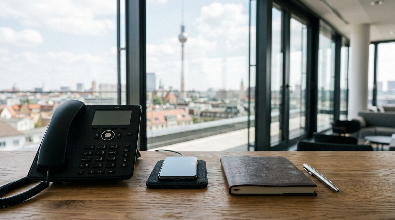 Nahaufnahme eines hochwertigen Empfangstresens mit Telefon, Smartphone und Stift vor unscharfer Berliner Skyline.