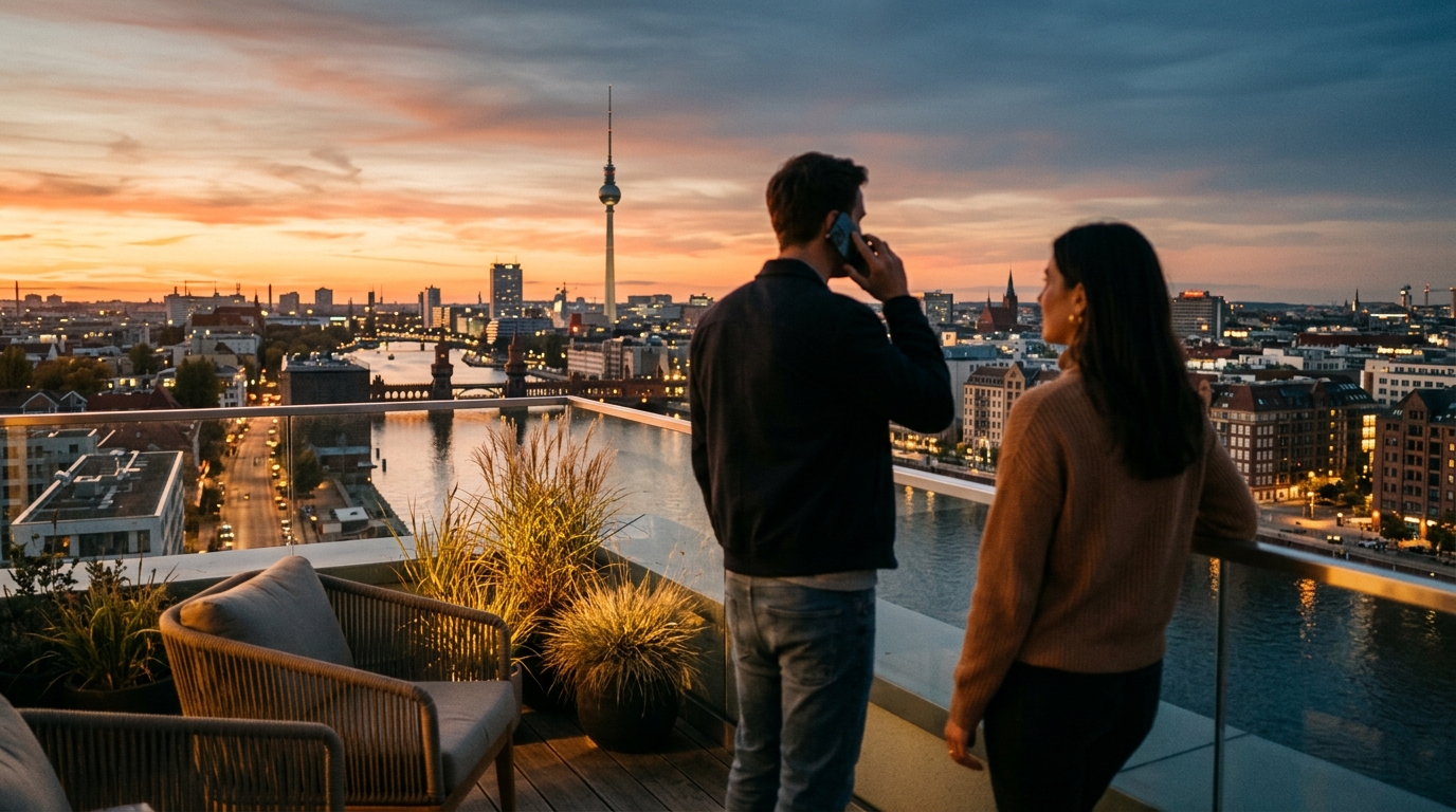 Paar von hinten auf Balkon mit Blick auf Spree und Oberbaumbrücke bei Sonnenuntergang; Smartphone in der Hand, Fernsehturm am Horizont.