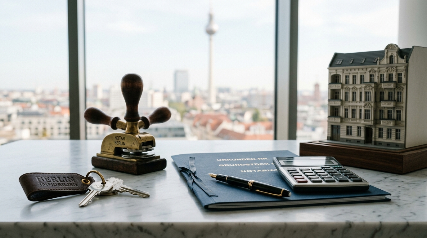 Nahaufnahme: Schlüssel, Notarsiegel, Stift und Unterlagen auf Marmortisch in Berliner Büro (Text unscharf).