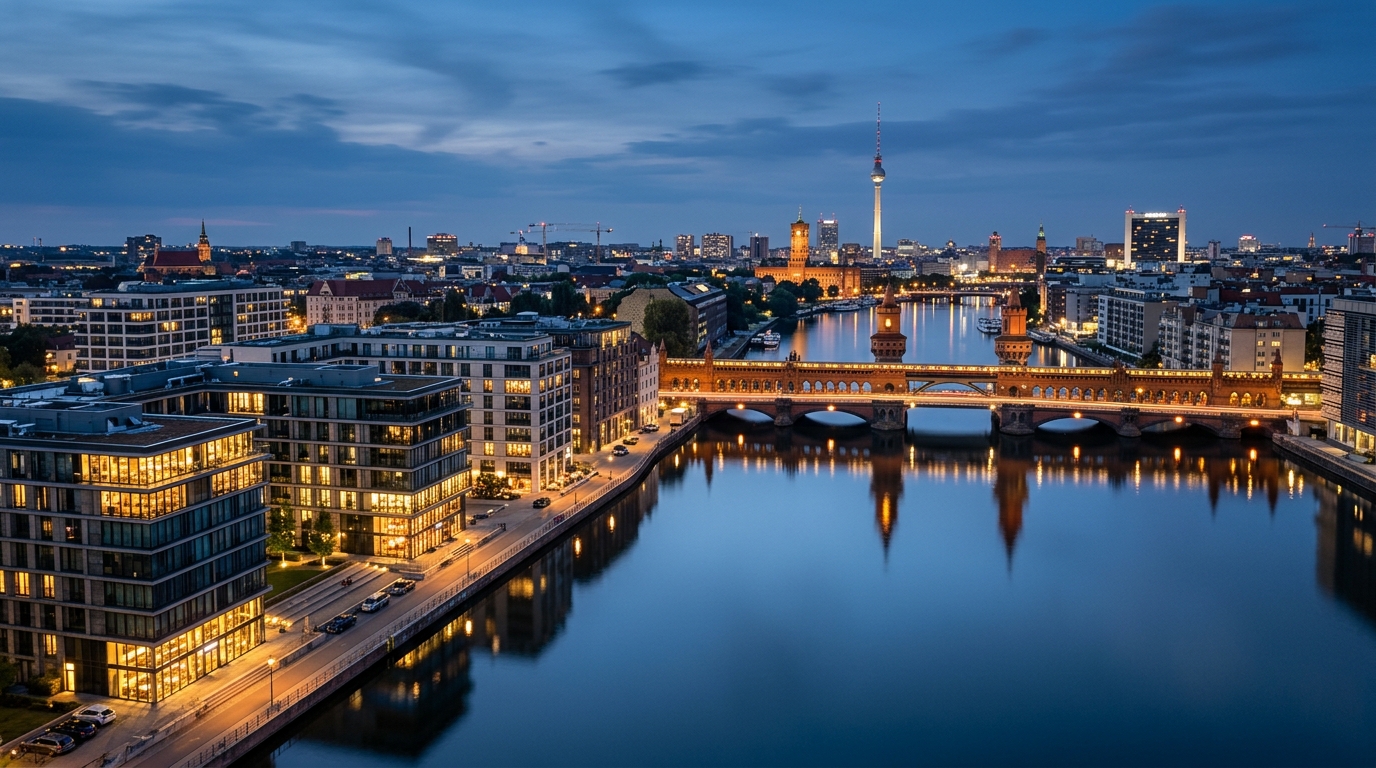 Weitwinkelaufnahme über die Spree mit Oberbaumbrücke und Fernsehturm, moderne Wohn- und Bürogebäude in Berlin.
