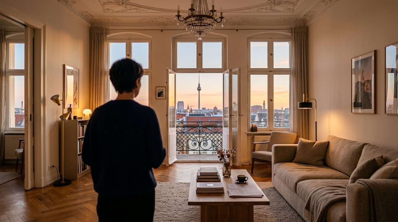 Altbau-Wohnzimmer in Berlin mit Stuck und Fischgrätparkett, Blick zum Fernsehturm; Person von hinten am Fenster.