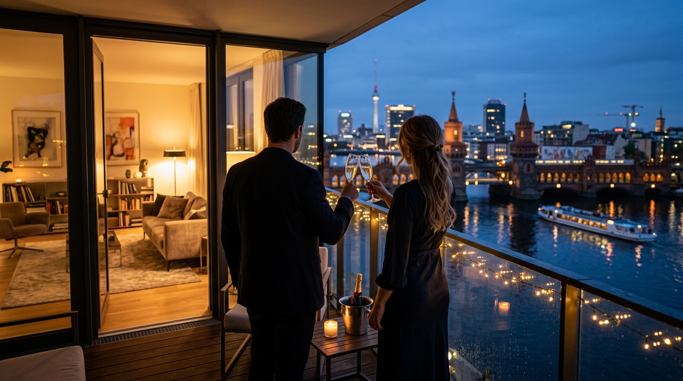 Lifestyle: Zufriedene Käufer auf Berliner Balkon bei Sonnenuntergang mit Blick auf die Oberbaumbrücke