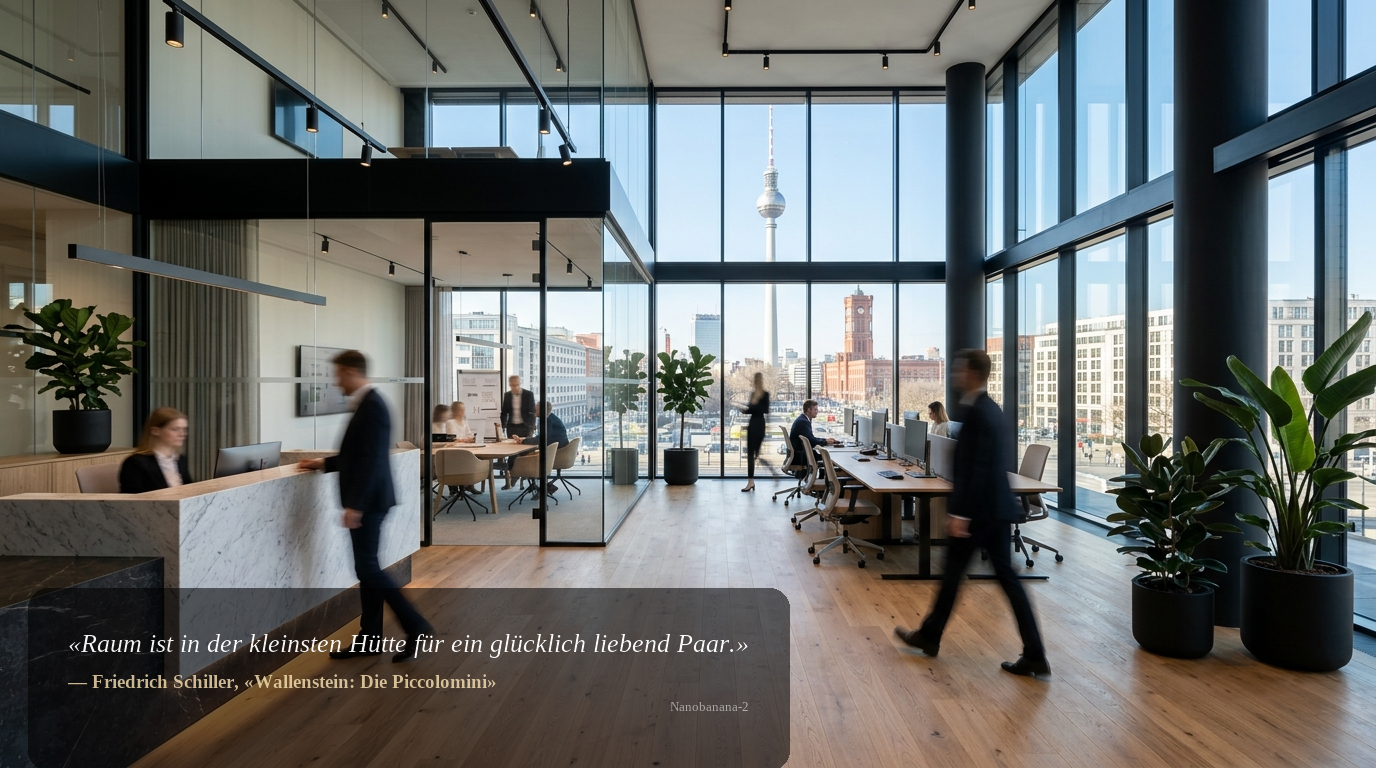 Weitwinkel-Aufnahme des GT24 Real Estate Büros in Berlin mit Blick auf den Fernsehturm; modernes Interieur, Team als unscharfe Silhouetten.