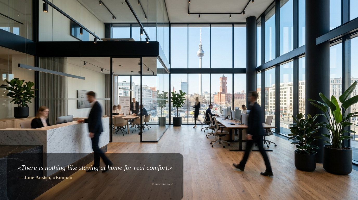 Weitwinkel-Aufnahme des GT24 Real Estate Büros in Berlin mit Blick auf den Fernsehturm; modernes Interieur, Team als unscharfe Silhouetten.
