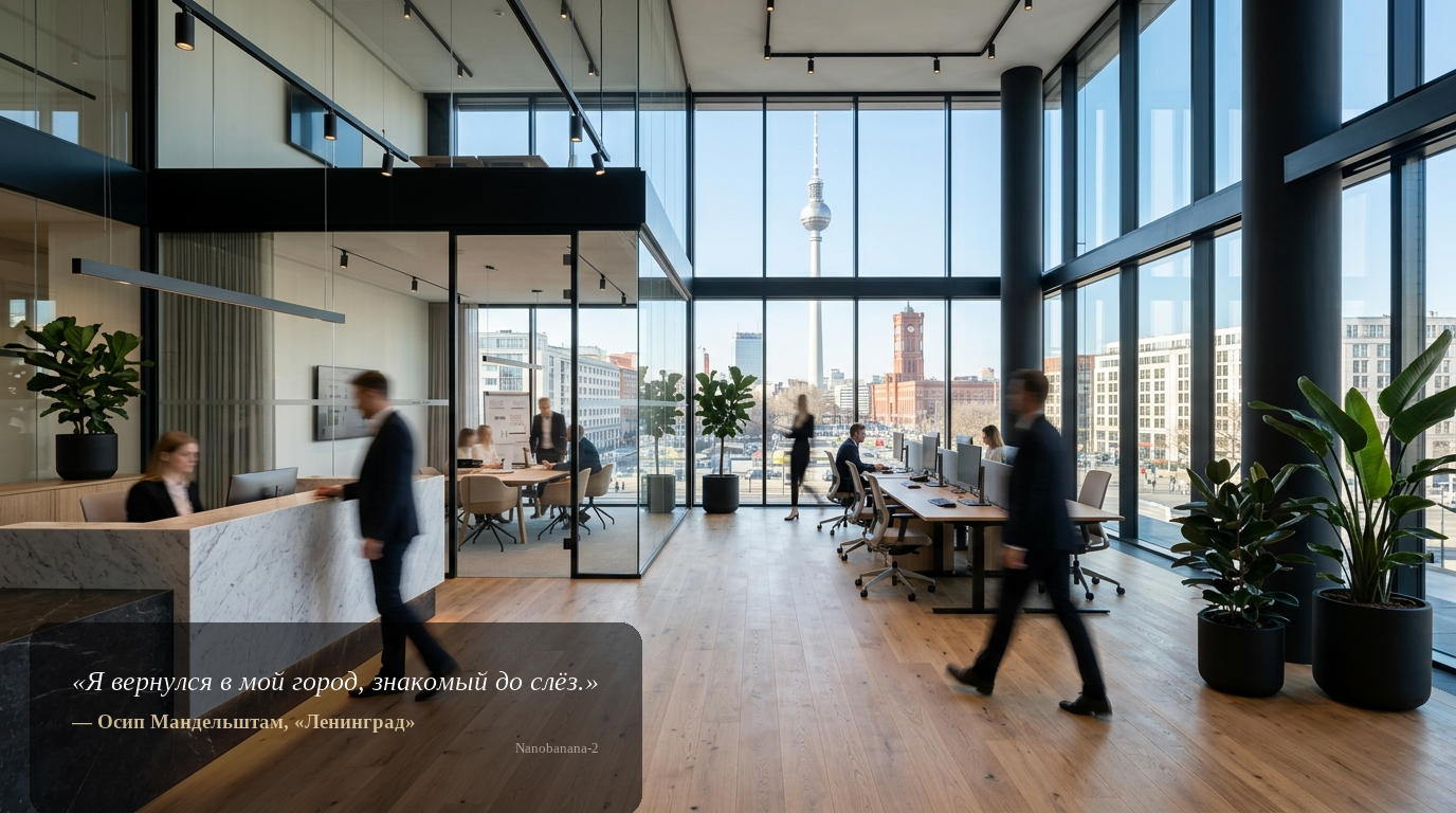 Weitwinkel-Aufnahme des GT24 Real Estate Büros in Berlin mit Blick auf den Fernsehturm; modernes Interieur, Team als unscharfe Silhouetten.