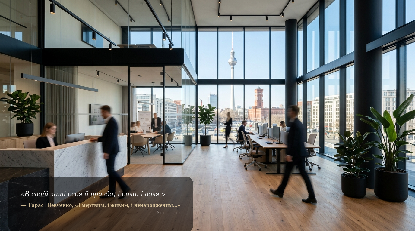Weitwinkel-Aufnahme des GT24 Real Estate Büros in Berlin mit Blick auf den Fernsehturm; modernes Interieur, Team als unscharfe Silhouetten.