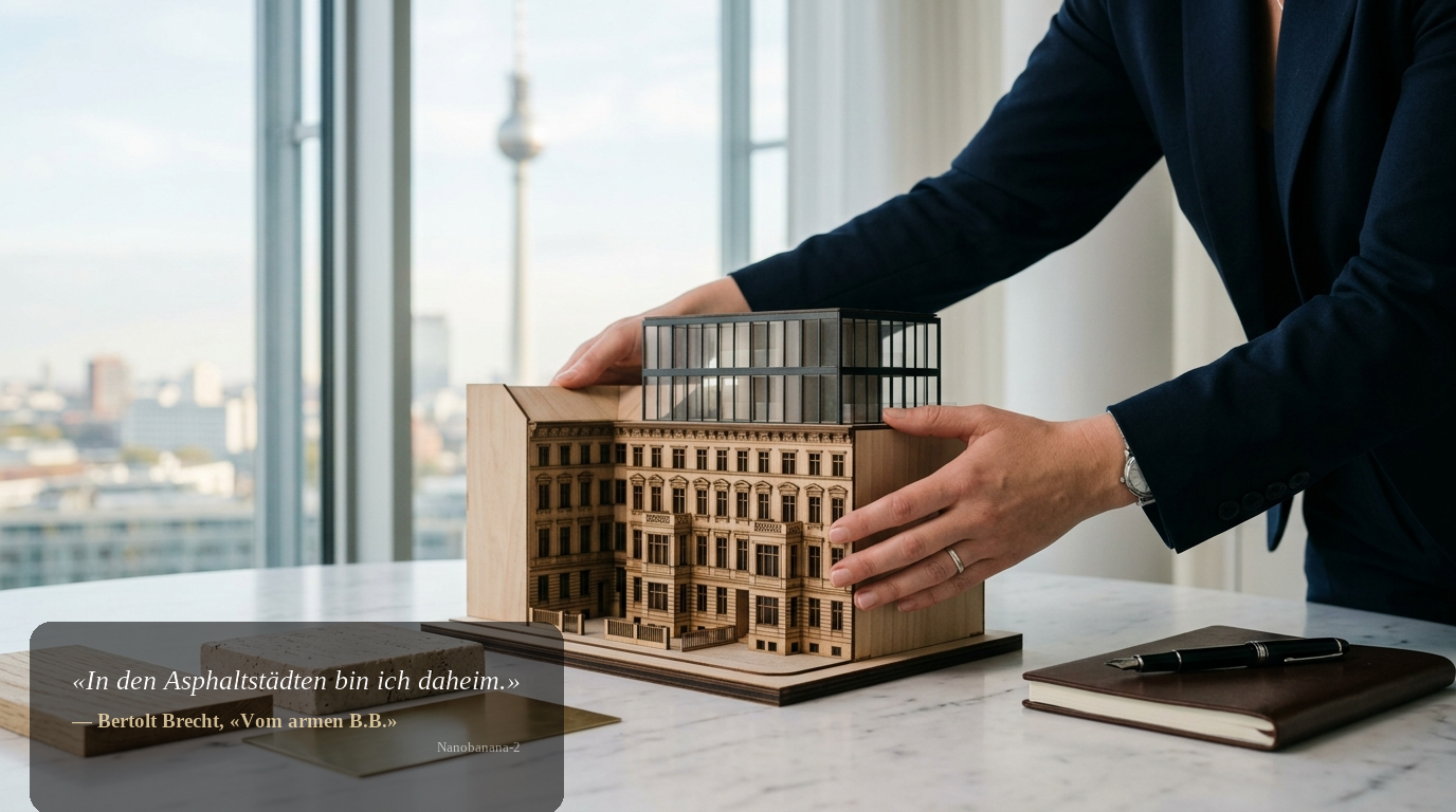 Detailaufnahme: Hände präsentieren ein Architekturmodell auf Marmortisch, Materialmuster daneben; Fernsehturm unscharf im Hintergrund.