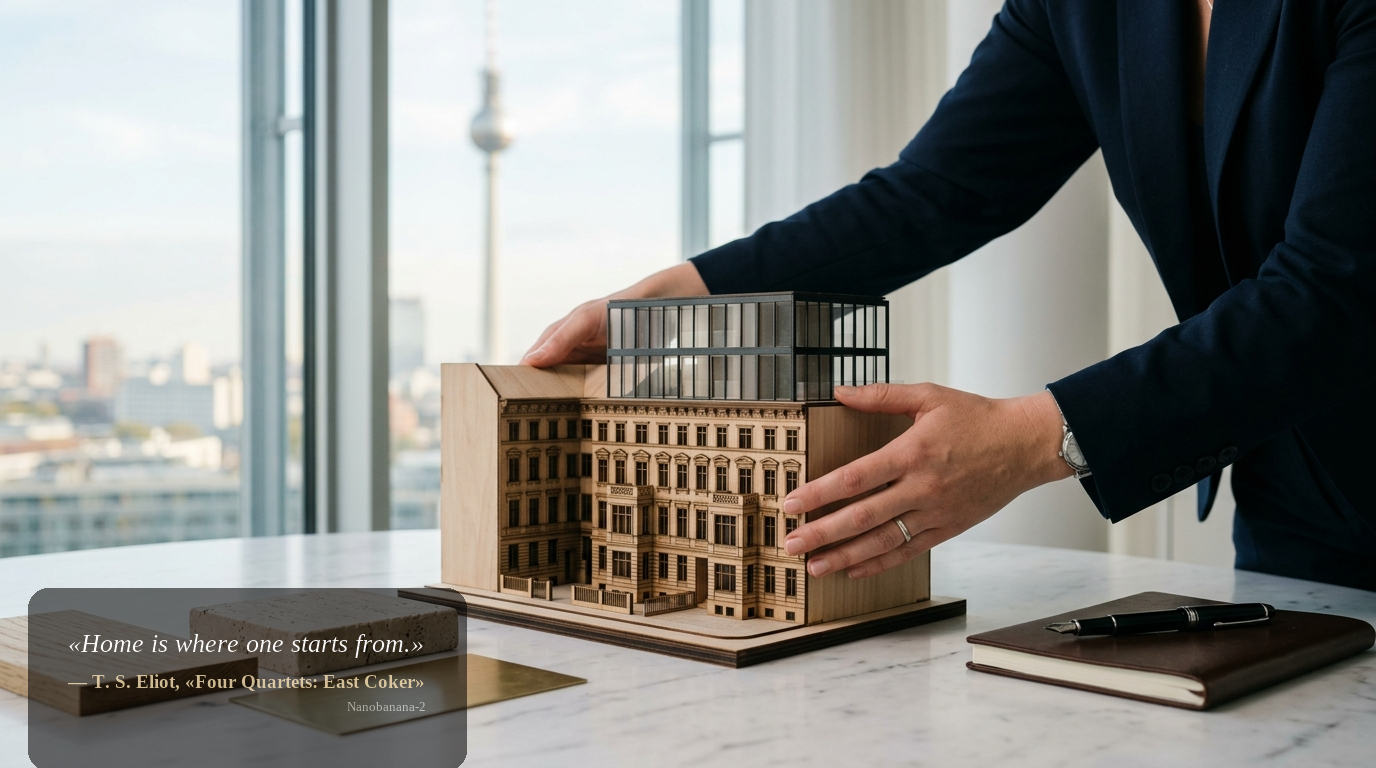 Detailaufnahme: Hände präsentieren ein Architekturmodell auf Marmortisch, Materialmuster daneben; Fernsehturm unscharf im Hintergrund.