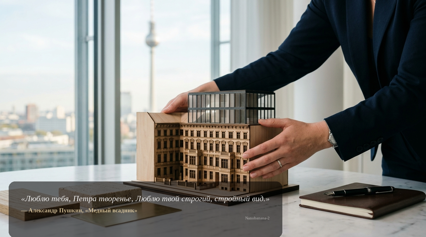 Detailaufnahme: Hände präsentieren ein Architekturmodell auf Marmortisch, Materialmuster daneben; Fernsehturm unscharf im Hintergrund.