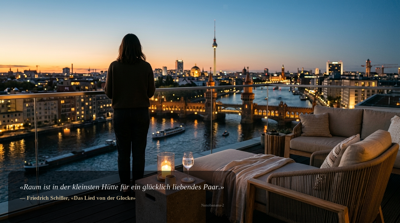 Penthouse-Terrasse bei Sonnenuntergang mit Blick auf Spree und Oberbaumbrücke; Person von hinten, hochwertiges Ambiente.