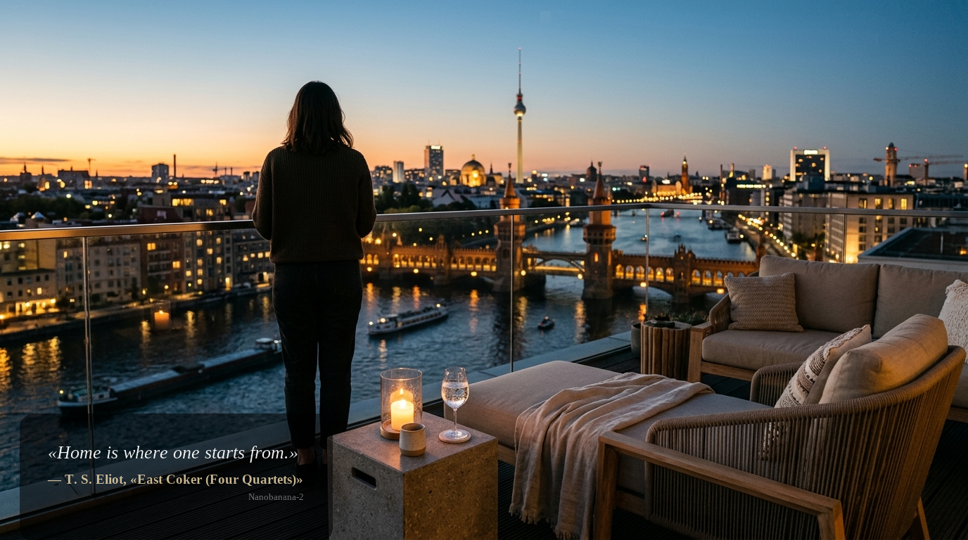Penthouse-Terrasse bei Sonnenuntergang mit Blick auf Spree und Oberbaumbrücke; Person von hinten, hochwertiges Ambiente.