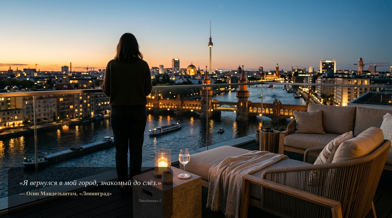 Penthouse-Terrasse bei Sonnenuntergang mit Blick auf Spree und Oberbaumbrücke; Person von hinten, hochwertiges Ambiente.