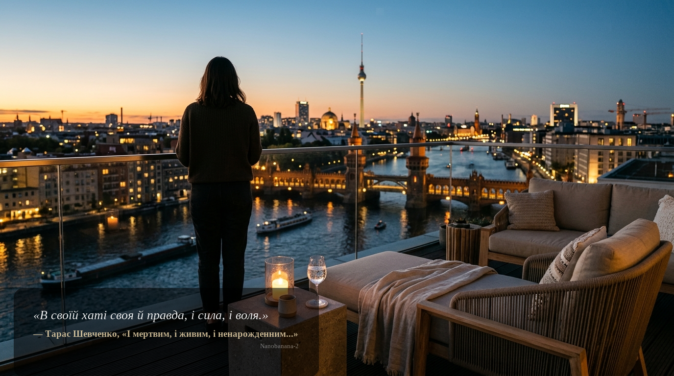 Penthouse-Terrasse bei Sonnenuntergang mit Blick auf Spree und Oberbaumbrücke; Person von hinten, hochwertiges Ambiente.