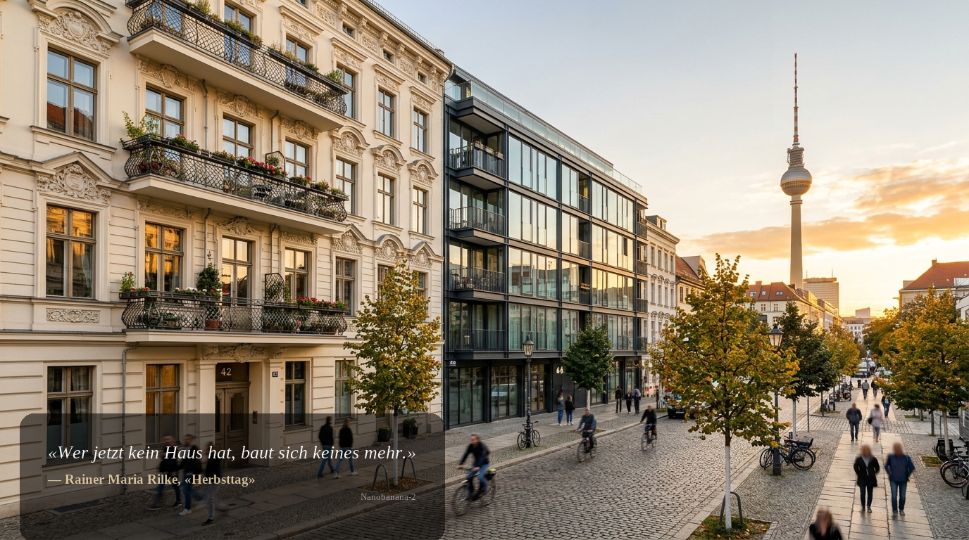 Weitwinkel-Aufnahme hochwertiger Wohnhäuser in Berlin-Mitte mit Altbau und moderner Architektur, Fernsehturm im Hintergrund, goldenes Abendlicht.
