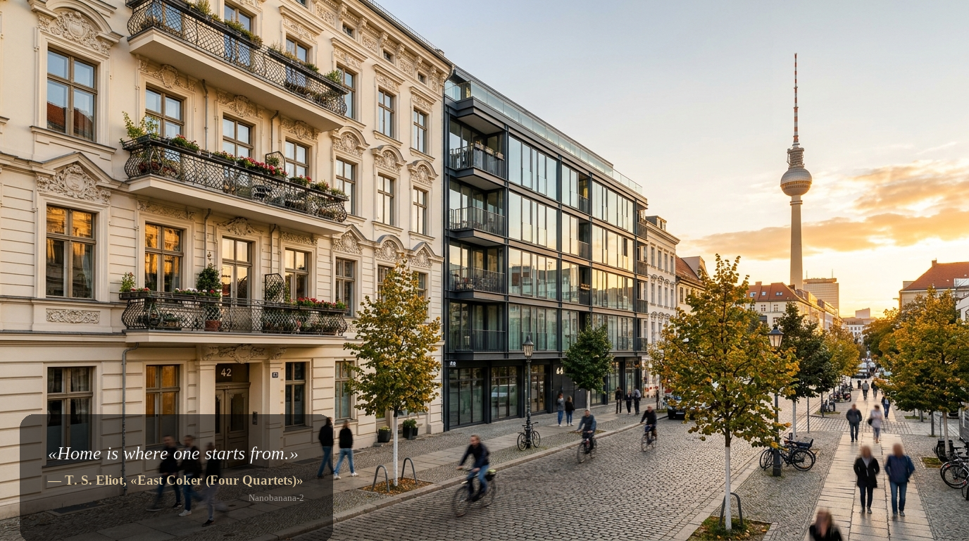 Weitwinkel-Aufnahme hochwertiger Wohnhäuser in Berlin-Mitte mit Altbau und moderner Architektur, Fernsehturm im Hintergrund, goldenes Abendlicht.