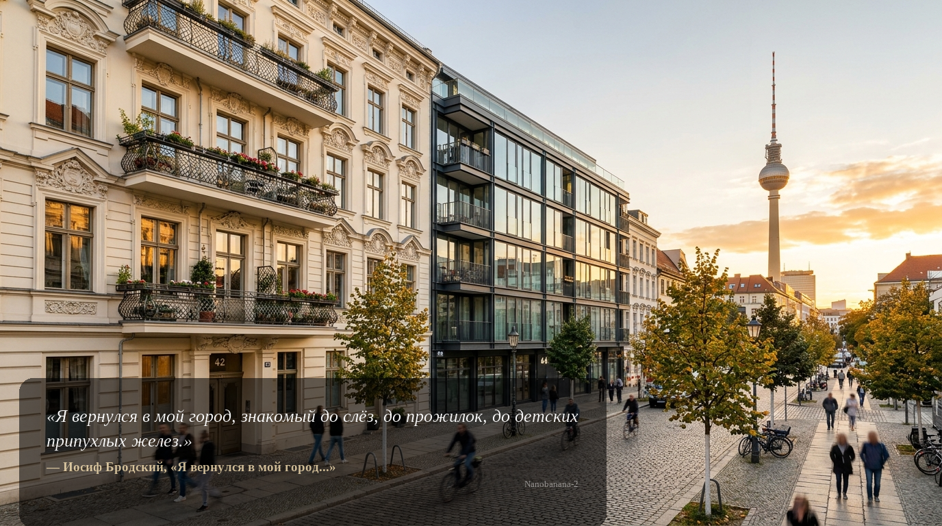 Weitwinkel-Aufnahme hochwertiger Wohnhäuser in Berlin-Mitte mit Altbau und moderner Architektur, Fernsehturm im Hintergrund, goldenes Abendlicht.