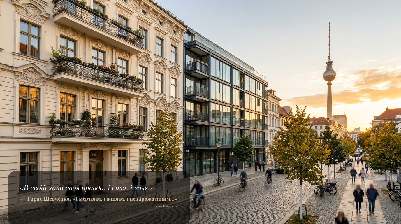 Weitwinkel-Aufnahme hochwertiger Wohnhäuser in Berlin-Mitte mit Altbau und moderner Architektur, Fernsehturm im Hintergrund, goldenes Abendlicht.