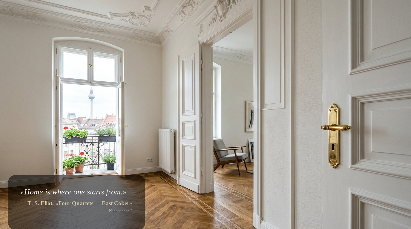 Interieur-Detail in einem Berliner Altbau mit Stuckdecke, weißen Doppeltüren, Messinggriff und Fischgrätparkett; unscharfer Blick auf den Fernsehturm am Fenster.