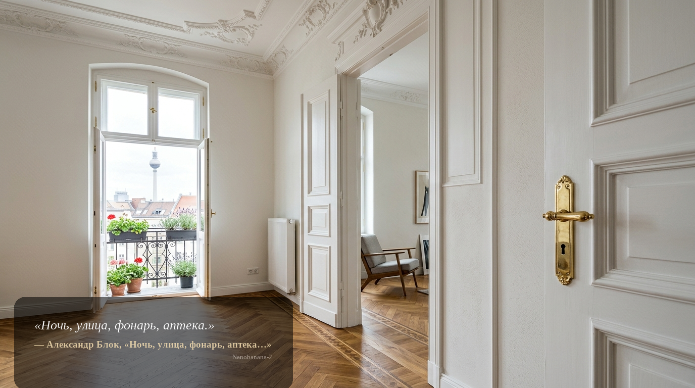 Interieur-Detail in einem Berliner Altbau mit Stuckdecke, weißen Doppeltüren, Messinggriff und Fischgrätparkett; unscharfer Blick auf den Fernsehturm am Fenster.