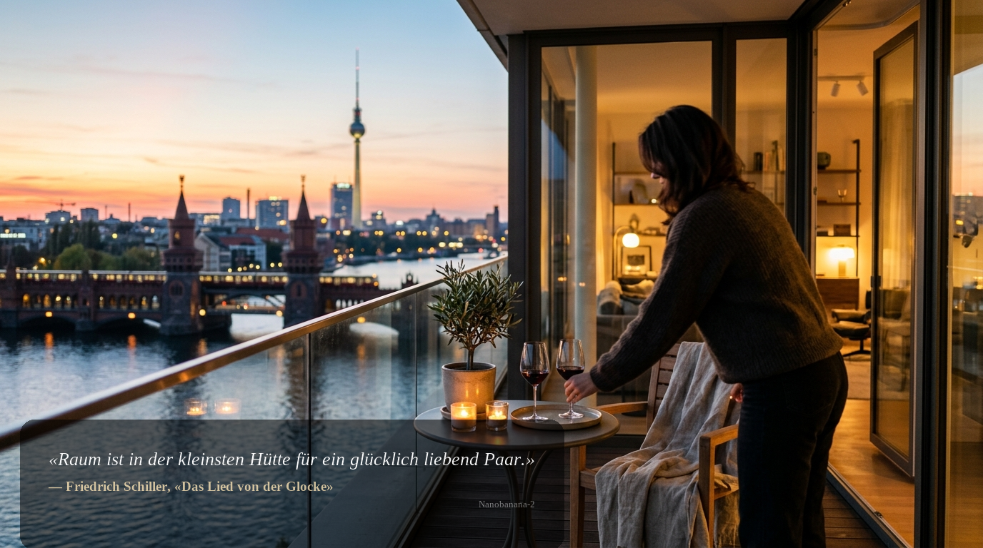 Abendliche Lifestyle-Szene auf einem Balkon mit Blick auf die Spree und die Oberbaumbrücke in Berlin; Person von hinten, stimmungsvolles Premium-Wohnen.