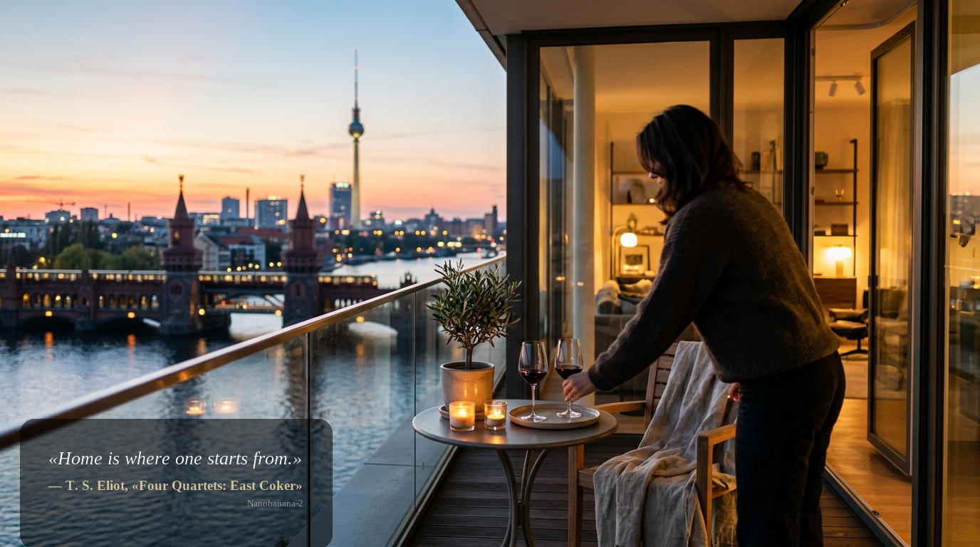 Abendliche Lifestyle-Szene auf einem Balkon mit Blick auf die Spree und die Oberbaumbrücke in Berlin; Person von hinten, stimmungsvolles Premium-Wohnen.