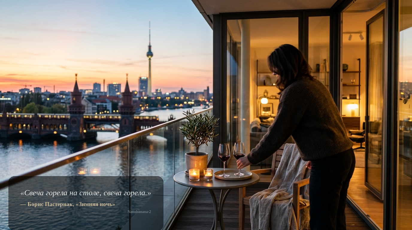 Abendliche Lifestyle-Szene auf einem Balkon mit Blick auf die Spree und die Oberbaumbrücke in Berlin; Person von hinten, stimmungsvolles Premium-Wohnen.